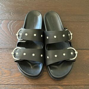 Rebecca Minkoff Black Leather Slide Sandals with Silver Accents